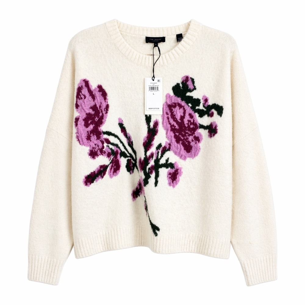 Ted Baker Floral Sweater Womens L Ivory Knit Crewneck NWT Soft Cozy - Picture 2 of 6